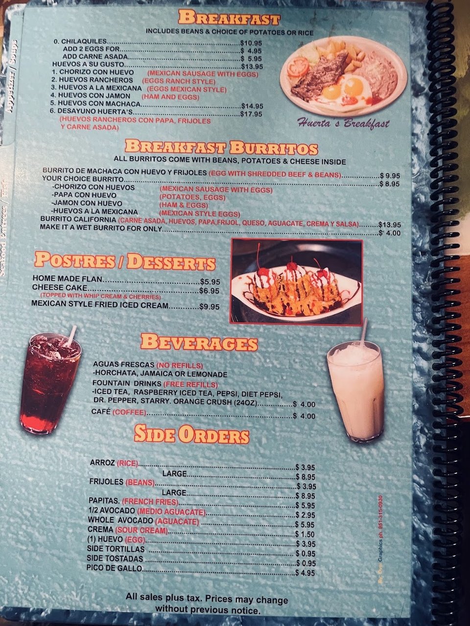Printed menu with breakfast and burrito sections.