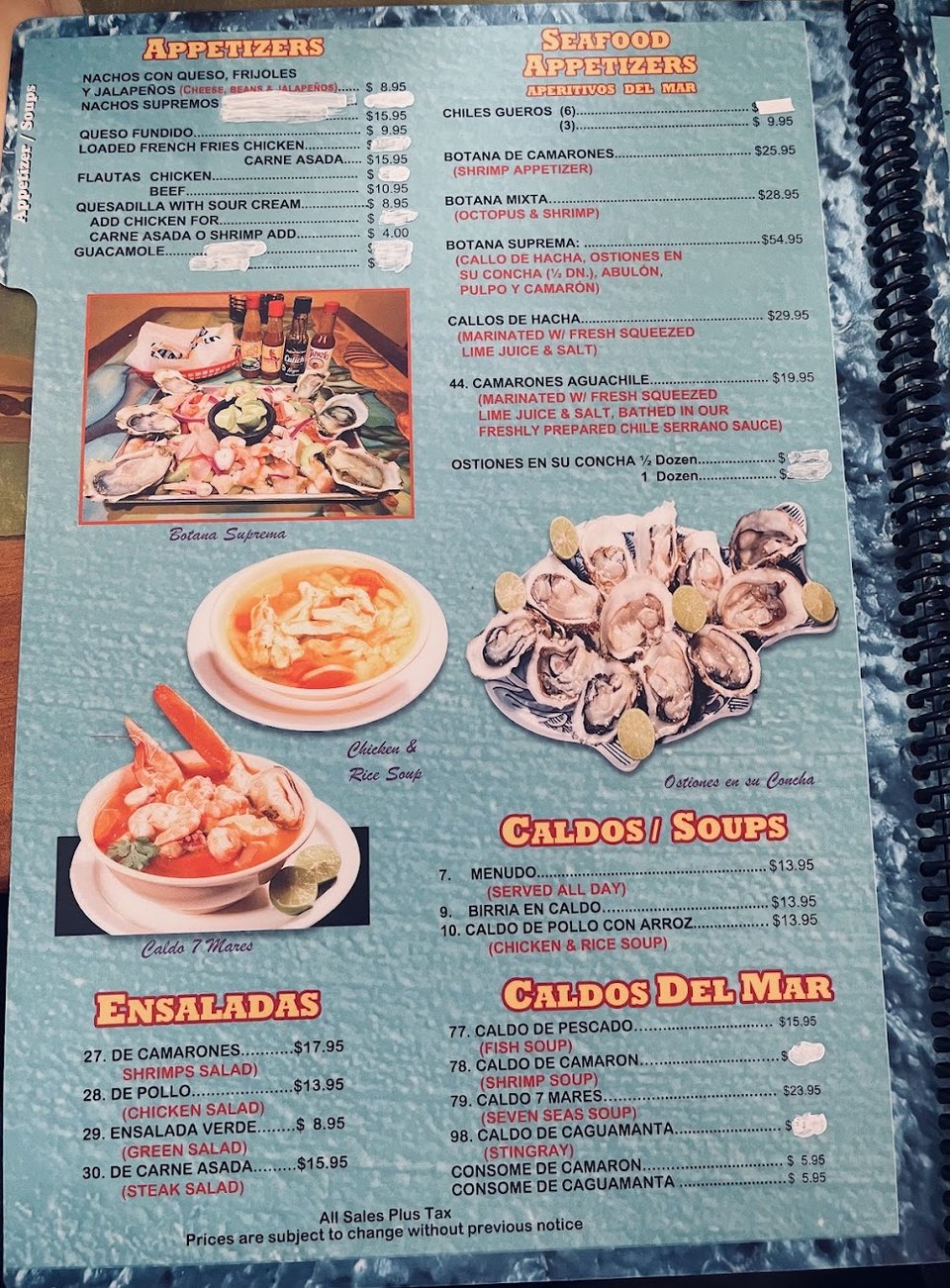 Menu page showing tacos, tortas, and caldos.