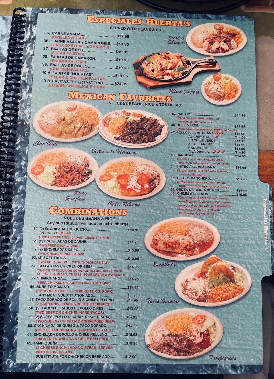 Restaurant menu with cocktails and appetizers listed.